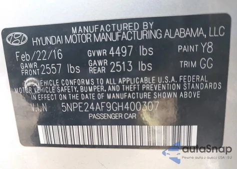 2016 Hyundai Sonata z USA, uszkodzony, nr VIN 5NPE24AF9GH400307